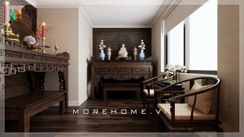 Khi nhìn thấy mẫu bàn thờ đôi hiện đại được đặt ở hai phía khác nhau của căn phòng thờ, người ta sẽ bị ấn tượng bởi chất liệu bàn thờ và ghế phòng thờ là gỗ óc chó cao cấp và sang trọng.